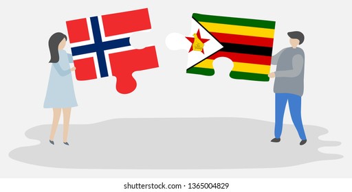 Couple holding two puzzles pieces with Norwegian and Zimbabwean flags. Norway and Zimbabwe national symbols together.