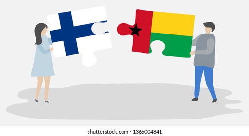 Couple holding two puzzles pieces with Finnish and Bissau-Guinean flags. Finland and Guinea-Bissau national symbols together.