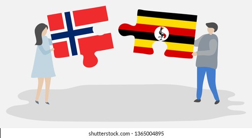 Couple holding two puzzles pieces with Norwegian and Ugandan flags. Norway and Uganda national symbols together.
