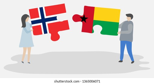 Couple holding two puzzles pieces with Norwegian and Bissau-Guinean flags. Norway and Guinea-Bissau national symbols together.