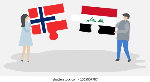 Couple holding two puzzles pieces with Norwegian and Iraqi flags. Norway and Iraq national symbols together.