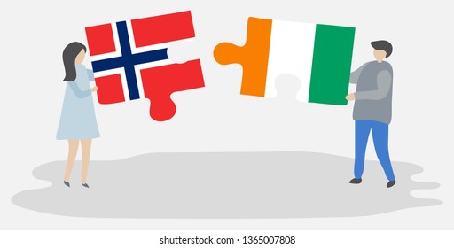 Couple holding two puzzles pieces with Norwegian and Ivorian flags. Norway and Ivory Coast national symbols together.