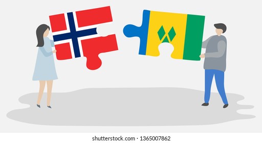 Couple holding two puzzles pieces with Norwegian and Vincentian flags. Norway and Saint Vincent and the Grenadines national symbols together.