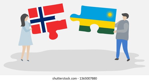 Couple holding two puzzles pieces with Norwegian and Rwandan flags. Norway and Rwanda national symbols together.