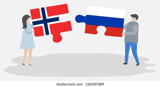 Couple holding two puzzles pieces with Norwegian and Russian flags. Norway and Russia national symbols together.