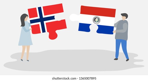Couple holding two puzzles pieces with Norwegian and Paraguayan flags. Norway and Paraguay national symbols together.