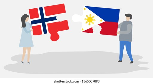 Couple holding two puzzles pieces with Norwegian and Filipino flags. Norway and Philippines national symbols together.