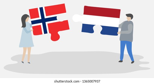 Couple holding two puzzles pieces with Norwegian and Dutch flags. Norway and Netherlands national symbols together.