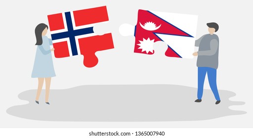 Couple holding two puzzles pieces with Norwegian and Nepalese flags. Norway and Nepal national symbols together.