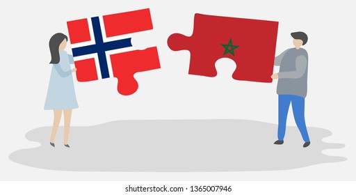 Couple holding two puzzles pieces with Norwegian and Moroccan flags. Norway and Morocco national symbols together.