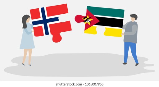 Couple holding two puzzles pieces with Norwegian and Mozambican flags. Norway and Mozambique national symbols together.