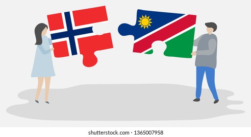 Couple holding two puzzles pieces with Norwegian and Namibian flags. Norway and Namibia national symbols together.