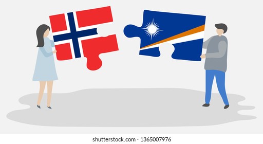 Couple holding two puzzles pieces with Norwegian and Marshallese flags. Norway and Marshall Islands national symbols together.