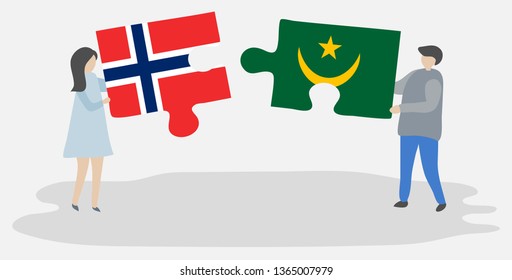 Couple holding two puzzles pieces with Norwegian and Mauritanian flags. Norway and Mauritania national symbols together.