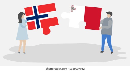 Couple holding two puzzles pieces with Norwegian and Maltese flags. Norway and Malta national symbols together.