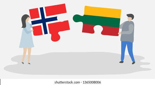 Couple holding two puzzles pieces with Norwegian and Lithuanian flags. Norway and Lithuania national symbols together.