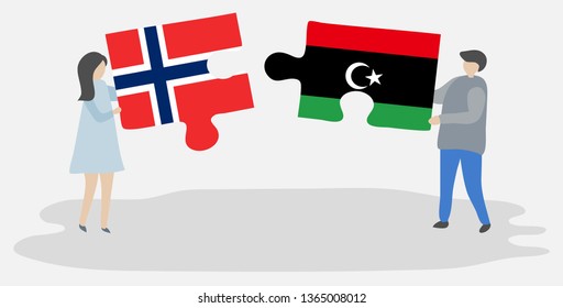 Couple holding two puzzles pieces with Norwegian and Libyan flags. Norway and Libya national symbols together.