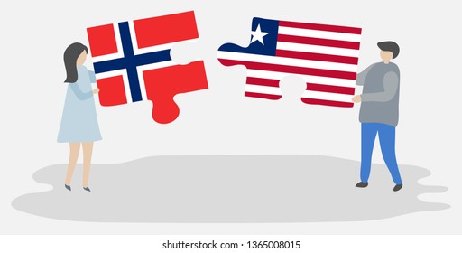 Couple holding two puzzles pieces with Norwegian and Liberian flags. Norway and Liberia national symbols together.