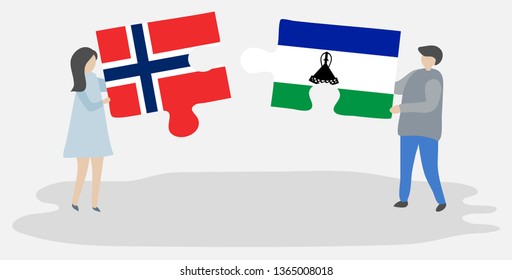 Couple holding two puzzles pieces with Norwegian and Basotho flags. Norway and Lesotho national symbols together.