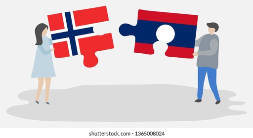 Couple holding two puzzles pieces with Norwegian and Lao flags. Norway and Laos national symbols together.