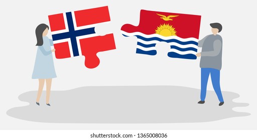 Couple holding two puzzles pieces with Norwegian and I-Kiribati flags. Norway and Kiribati national symbols together.