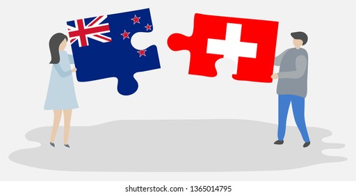 Couple holding two puzzles pieces with NZ and Swiss flags. New Zealand and Switzerland national symbols together.
