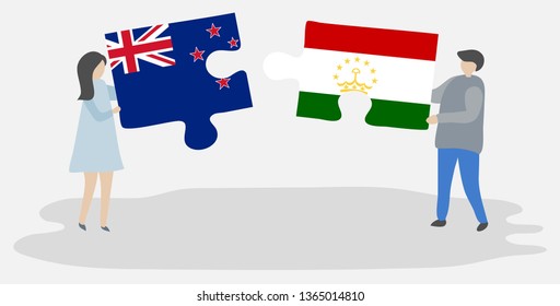 Couple holding two puzzles pieces with NZ and Tajikistani flags. New Zealand and Tajikistan national symbols together.