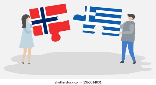 Couple holding two puzzles pieces with Norwegian and Greek flags. Norway and Greece national symbols together.