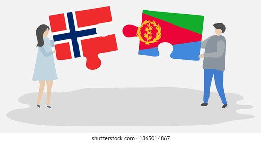 Couple holding two puzzles pieces with Norwegian and Eritrean flags. Norway and Eritrea national symbols together.
