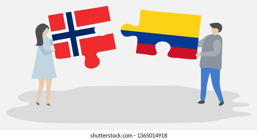Couple holding two puzzles pieces with Norwegian and Colombian flags. Norway and Colombia national symbols together.