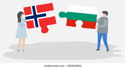 Couple holding two puzzles pieces with Norwegian and Bulgarian flags. Norway and Bulgaria national symbols together.