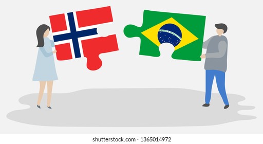 Couple holding two puzzles pieces with Norwegian and Brazilian flags. Norway and Brazil national symbols together.