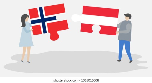 Couple holding two puzzles pieces with Norwegian and Austrian flags. Norway and Austria national symbols together.
