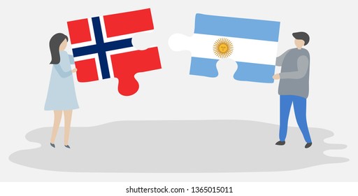Couple holding two puzzles pieces with Norwegian and Argentinian flags. Norway and Argentina national symbols together.