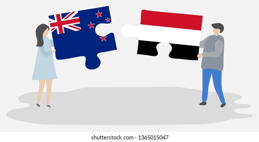 Couple holding two puzzles pieces with NZ and Yemeni flags. New Zealand and Yemen national symbols together.