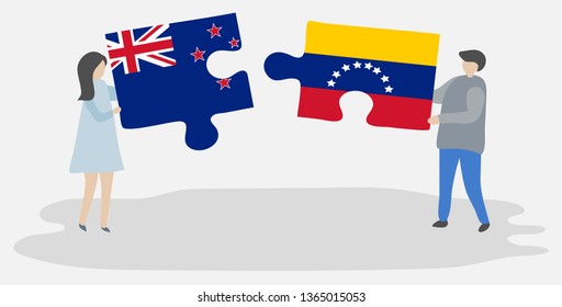 Couple holding two puzzles pieces with NZ and Venezuelan flags. New Zealand and Venezuela national symbols together.