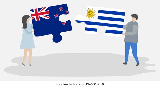 Couple holding two puzzles pieces with NZ and Uruguayan flags. New Zealand and Uruguay national symbols together.