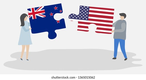 Couple holding two puzzles pieces with NZ and American flags. New Zealand and United States of America national symbols together.