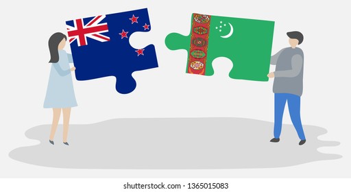 Couple holding two puzzles pieces with NZ and Turkmen flags. New Zealand and Turkmenistan national symbols together.