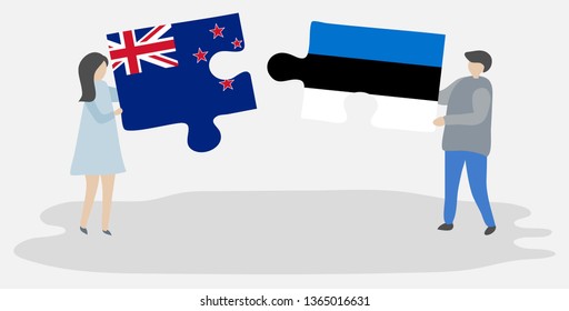 Couple holding two puzzles pieces with NZ and Estonian flags. New Zealand and Estonia national symbols together.