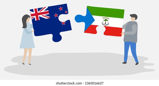 Couple holding two puzzles pieces with NZ and Equatorial Guinean flags. New Zealand and Equatorial Guinea national symbols together.