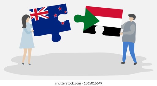 Couple holding two puzzles pieces with NZ and Sudanese flags. New Zealand and Sudan national symbols together.