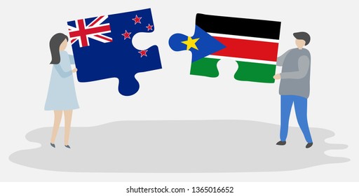 Couple holding two puzzles pieces with NZ and South Sudanese flags. New Zealand and South Sudan national symbols together.