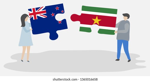 Couple holding two puzzles pieces with NZ and Surinamese flags. New Zealand and Suriname national symbols together.