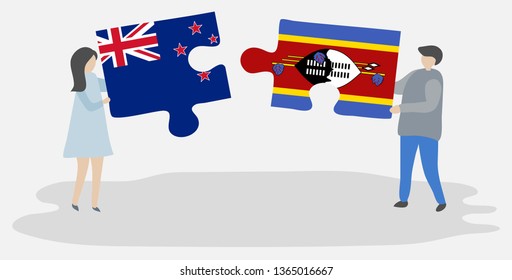 Couple holding two puzzles pieces with NZ and Swazi flags. New Zealand and Swaziland national symbols together.