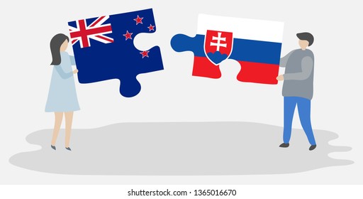 Couple holding two puzzles pieces with NZ and Slovak flags. New Zealand and Slovakia national symbols together.