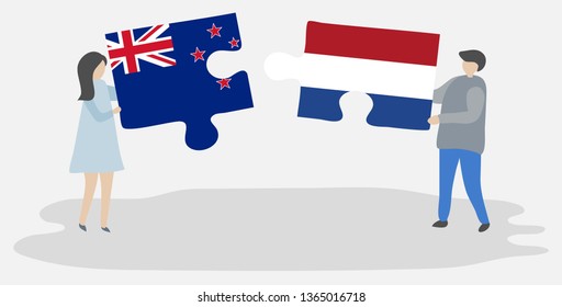 Couple holding two puzzles pieces with NZ and Dutch flags. New Zealand and Netherlands national symbols together.