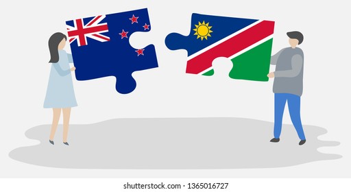 Couple holding two puzzles pieces with NZ and Namibian flags. New Zealand and Namibia national symbols together.