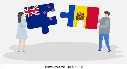 Couple holding two puzzles pieces with NZ and Moldovan flags. New Zealand and Moldova national symbols together.