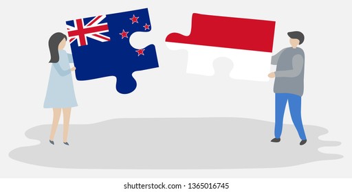 Couple holding two puzzles pieces with NZ and Monegasque flags. New Zealand and Monaco national symbols together.